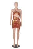 Sexy Halter Drawstring Cut Out Metallic Bodycon Irregular Dress