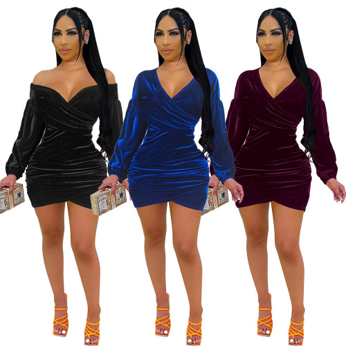 Solid Balloon Sleeve Velvet Ruched V-Neck Bodycon Dress