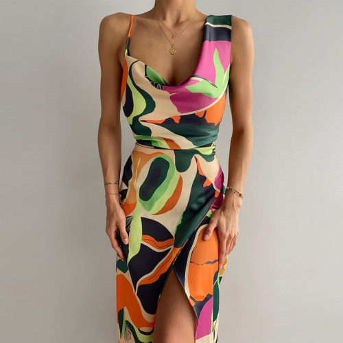 Print Sexy Asymmetric Sleeveless Slit Dress