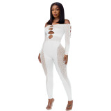 See-Through Leopard Mesh Hollowout Long Sleeve Sexy Off Shoulder Jumpsuit