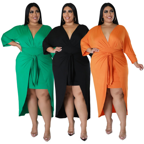 Sexy Mid-Sleeve V-Neck Solid Plus Size Tie Front Bodycon Dress