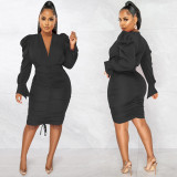 Solid Puff Long Sleeve Ruched Plunge Drawstring Bodycon Dress