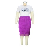 Plus Size Letter Print Short Sleeve T-Shirt & Fringe Skirt 2PCS Set