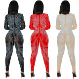 See-Through Mesh Rhinestone Long Sleeve V-Neck Tight Sexy Jumpsuit