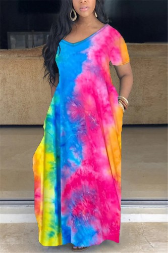 Tie Dye Short Sleeve V-Neck Plus Size Long Loose Casual Dress