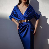 Blue Elegant Satin V-Neck Long Sleeve Ruched Dress -without Belt