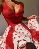Heart Print Lace Patchwork V-Neck Sleeveless Sexy Short Dress