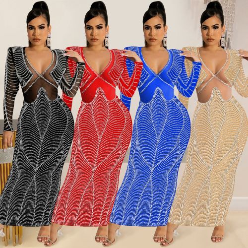 Rhinestone Mesh Splicing V-Neck Full Sleeve Maxi Dress