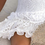 White Lace Shirred Ruffle Sleeveless Cami Dress