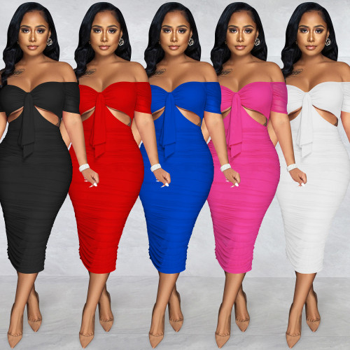 Sexy Off Shoulder Cutout Solid Ruched Midi Dress