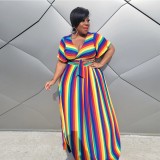 Plus Size Multicolor Stripes V-Neck Wrap Crop Top+Long Dress Two-Piece Set