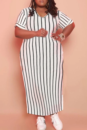 White Black Striped Print Short Sleeve V-Neck Pocket Long Plus Size Dress