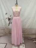 Pink Plunge Backless Bow Tie Sleeveless Slim Evening Gown