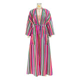 Casual Womens Striped Slit Pocket Belted Loose Long Coat