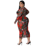 Plus Size See-Through Long Sleeve Floral Print Bodycon Midi Dress