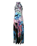 Print Black Floral Cutout Halter Neck Sleeveless Maxi Dress without Belt