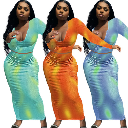 Tie Dye U-Neck Full-Sleeve Crop Top and Long Skirt Two Piece Set