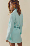 Womens V-Neck Solid Long Sleeve Wrap Short Dress