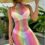 Colorful Gradient Print Sleeveless Fishnet Hollow Out Bodycon Dress