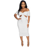 Sexy Off Shoulder Cutout Solid Ruched Midi Dress
