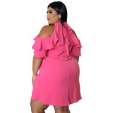 Ruffle Cold Shoulder Sexy Solid Mock Neck Plus Size Short Dress