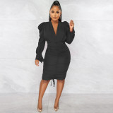 Solid Puff Long Sleeve Ruched Plunge Drawstring Bodycon Dress