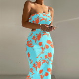 Print Sexy One Shoulder Bodycon Cutout Waist Midi Dress