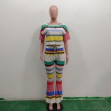 Womens Colorblock Print Drawstring Crop Top & Flare Pants Two Piece Set