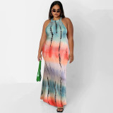 Tie Dye Print Sexy Sleeveless Cut Out Plus Size Mermaid Maxi Dress
