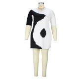 Plus Size Black and White Print Half-Sleeve Slim Fit Mini Dress