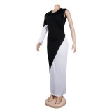 Sexy Black and White Single Long Sleeve Splicing Bodycon Maxi Dress