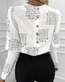 Letter Print White Round Neck Long Sleeve Top