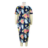 Plus Size Floral Print Short Sleeve Casual Midi Dress