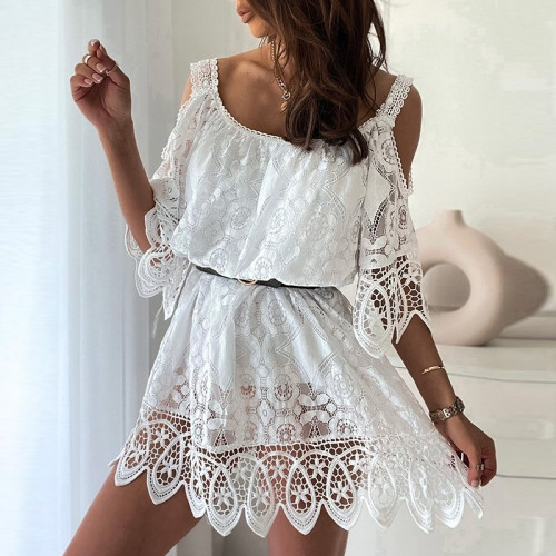 White Cold Shoulder Hollow Out Lace Short Dress