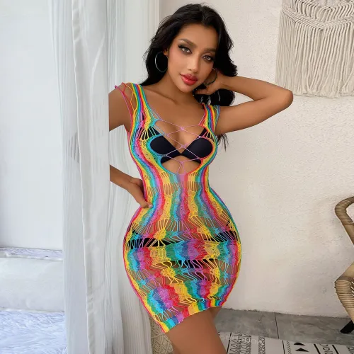 High Stretch See-Through Hollow Fishnet Beach Dress Sexy Tight Colorful Bikini Cover-Up