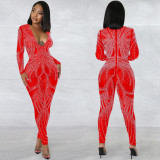 See-Through Mesh Rhinestone Long Sleeve V-Neck Tight Sexy Jumpsuit
