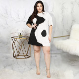 Plus Size Black and White Print Half-Sleeve Slim Fit Mini Dress