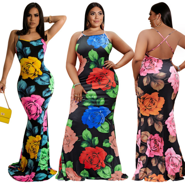 Floral Print Slim Fit Plus Size Cami Maxi Dress