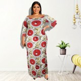 Plus Size Off Shoulder Print 3/4 Sleeve Maxi Dress