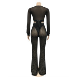 Rhinestone See-Through Mesh Flare Pants and Lace-Up Long Sleeve Crop Top 3PCS Set