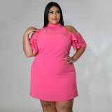 Ruffle Cold Shoulder Sexy Solid Mock Neck Plus Size Short Dress