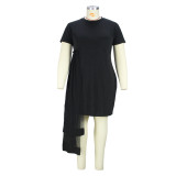 Solid Mesh Patchwork Plus Size Round Neck Short Sleeve Irregular Dress