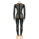 See-Through Mesh Rhinestone Long Sleeve V-Neck Tight Sexy Jumpsuit