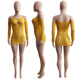 Solid Long Sleeve Knitting Hollow Out Nightclub Bodycon Mini Dress