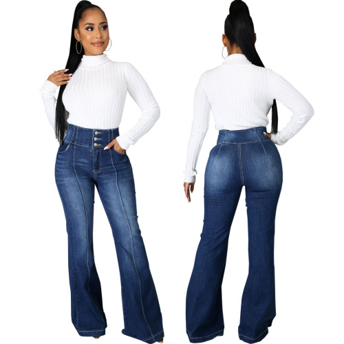 Stylish Blue Button Up High Waist Washed FlareJeans