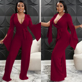 Solid Sexy V-Neck Slit Puff Sleeve Belted Jumpsuit