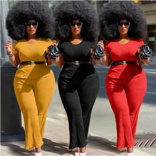 Solid Ribbed Plus Size Short Sleeve Two Piece Flare Pants Set