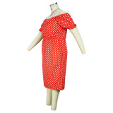 Red Dot Print Short Sleeve Plus Size Off Shoulder Casual Dress