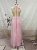 Pink Plunge Backless Bow Tie Sleeveless Slim Evening Gown