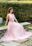 Pink Plunge Backless Bow Tie Sleeveless Slim Evening Gown
